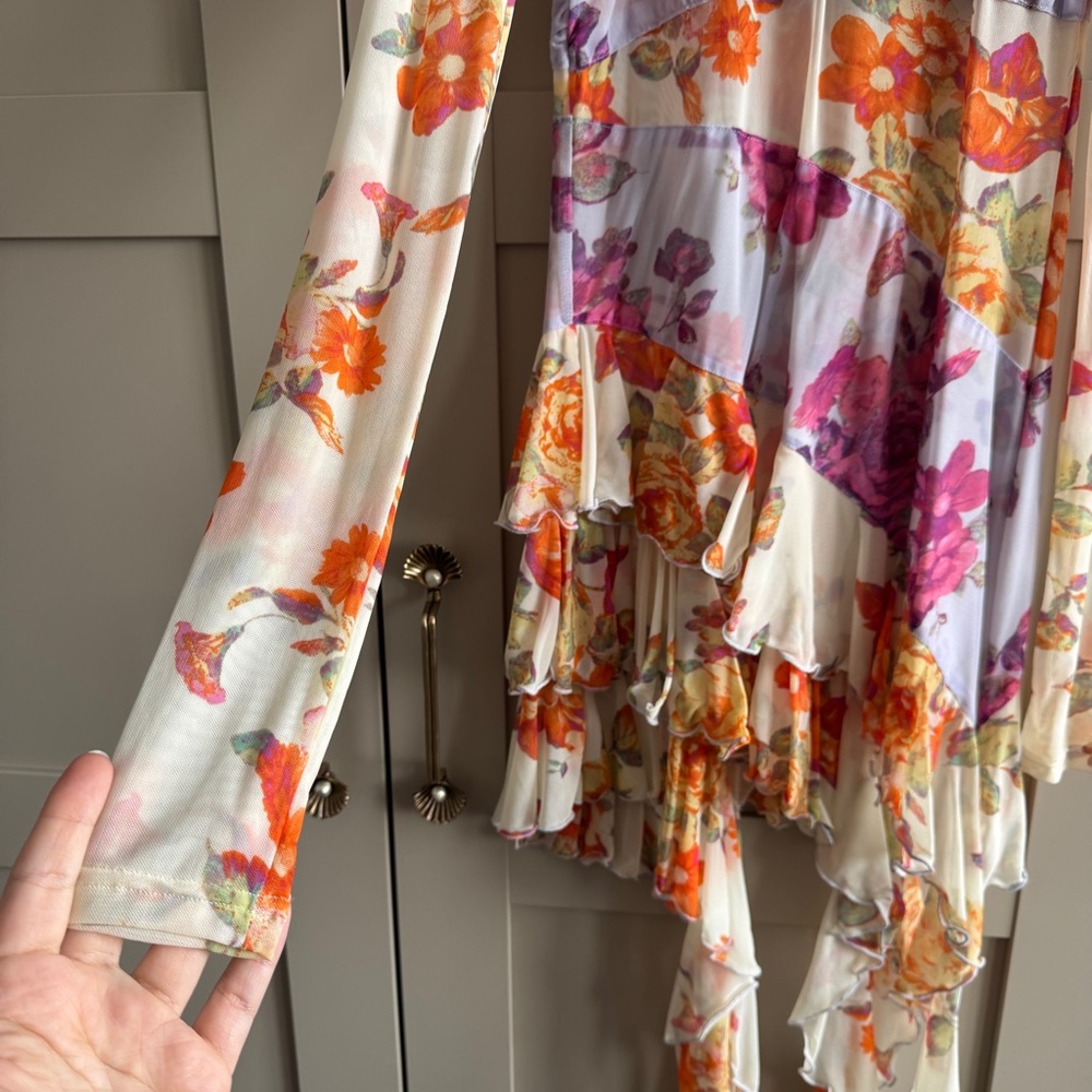 Free People Mesh Main Event Maxi Top Colorful Ruffle Trims Fitted Ruched details - Picture 3 of 7